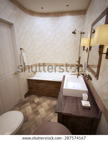 Classical bathroom in beige tones with wooden furniture brown. 3d render.
