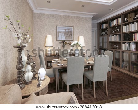 Dining in the art deco style, in beige tones with wooden serverovanym table and cushioned chairs. 3d render.