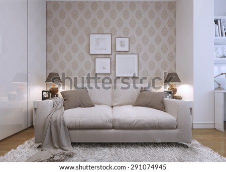 Beige sofa in the living room in a modern style. Wallpaper on the walls with a pattern. The artwork on the wall. 3D render.