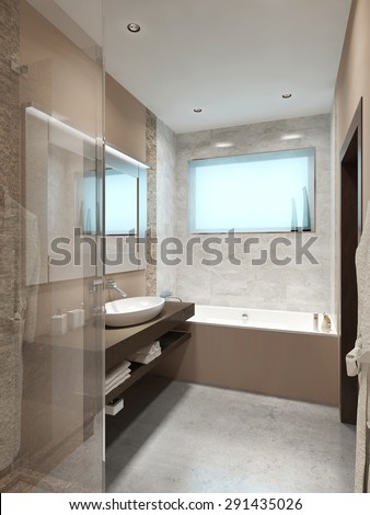 Beautiful bathroom in style hi-tech. With shower and toilet. Brown, beige and orange 3D rendering.