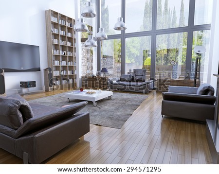 High ceiling living room with panoramic windows. 3D render