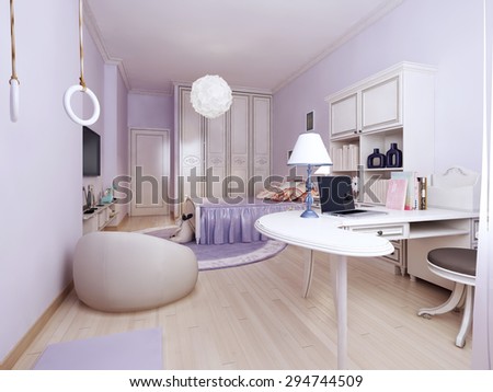 Art nouveau bedroom with work area. Spacious room with a wardrobe. A properly organized workplace. The cozy feel.