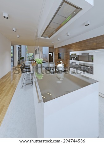 Idea of avant-garde kitchen. Popular trend in kitchen design in which the island\'s cabinets color contrasts the perimeter cabinets. In this kitchen the island is painted a contrasting white. 3D render