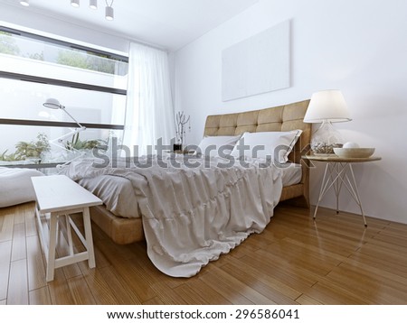 Modern bedroom with floor to ceiling windows. Bright room with light wood laminate. a large bed and a snow-white Tulle. White bench beside the bed. 3D render