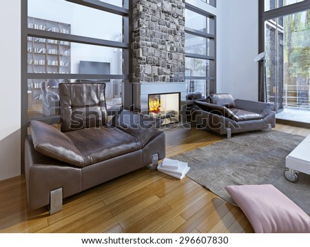 Warm sitting area in modern house. large sitting room has a similarly relaxed feel and multiple windows flood the space with light. 3D render