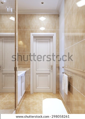 Contemporary bathroom with shower. Bright bathroom interior with white doors and furniture. 3D render