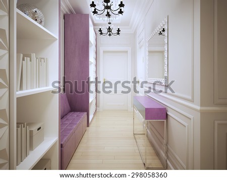 Contemporary corridor design. Entrance hall with cupboards, a soft pink leather sofa, console and large mirror. 3D render