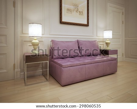 Idea of modern hall. Soft pink sofa with pillows in the corridor. The white molding walls with light wood flooring. 3D render