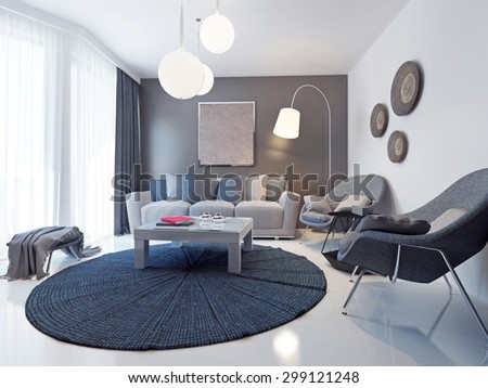 Bright contemporary living room trend. Design ideas for a mid-sized formal lounge with white and brown walls. 3D render