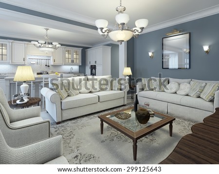 Lounge room mediterranean style. Low table in center made of dark wood with glass. Soft white sofas with pillows and white walls. That\'s what you need. 3D render