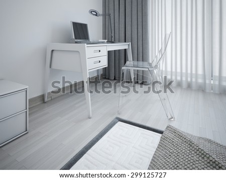 Working area in minimalist bedroom. Stylish workplace in the bedroom near the window. Transparent designer chair and a table of gray. 3D render