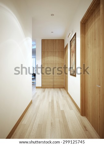 Long corridor contemporary style. White wall with a flat brown plinth. Wardrobe at the end of the corridor. 3D render