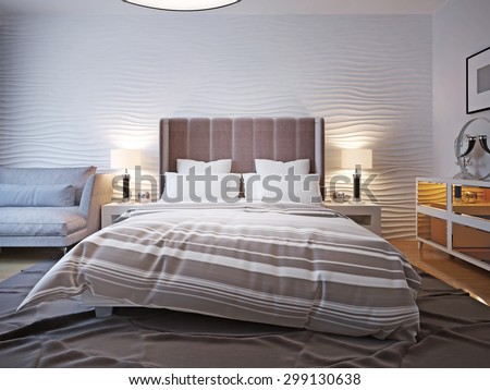 Unmade bed with large headboard. Two bedside table with lamps on both sides of the bed with a large headboard. The wavy wall behind and a big ceiling lamp. 3D render