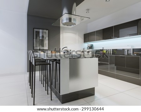Design of modern kitchen with island. Flat panel cabinets, black glossy furniture, ceiling lights, and white colored flooring. 3D render