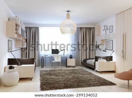 Bedroom with two single beds in minimalism style. 3D render