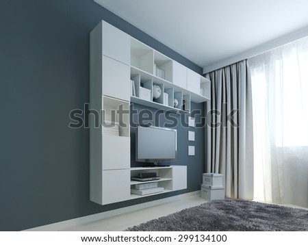 Living room with wall cabinet trend . White wall cabinets and LCD TV near a window. Wall painted in navy color. Gray woolen carpet. 3D render