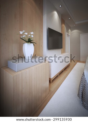Idea of art deco bedroom. Wooden texture panel wall with decorative ledge for hanging TV. Pleasant white carpet and ceiling lights. 3D render