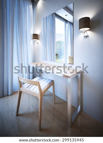 Dressing table with large mirror. Mirror without frame, two sconces with dark brown shades. Metal table with wooden top and cute soft chair. 3D render