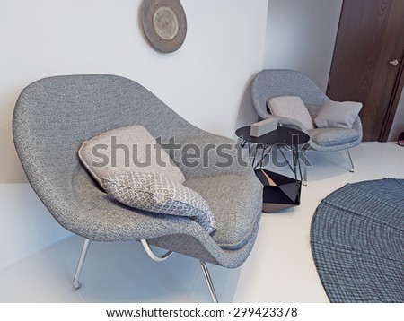 Two armchair and coffee table in front of white wall. 3D render