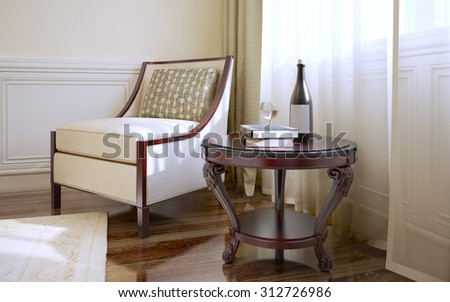 Cozy place for reading. Armchair strict form with a pillow, and a beautiful three-legged table round shape mahogany near the window. 3D render