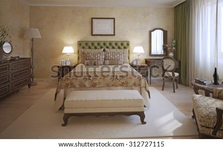 Master bedroom english style. A room with two-place bed, olive headboard and dark oak furniture. Bench and white carpet in the middle of the room. 3D render