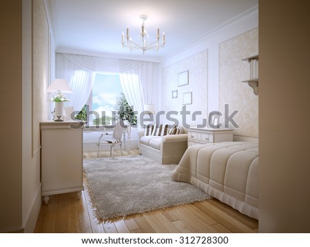 Bright teenage bedroom provence style. A cozy bedroom for a teenager in cream colors. Furniture made of light wood and white walls with decorative patterned inserts. 3D render