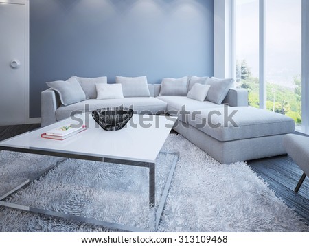 Lounge room scandinavian style. Corner sofa with pillows in room with blue colored walls and panoramic view through window. 3D render