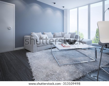 Living room scandinavian design. Stylish apartment with panoramic windows. 3D render