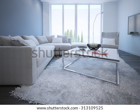Contemporary living room style. White and blue walls, dark hardwood frooring, floor-to-ceiling panoramic window. Corner sofa and elegant table with glossy tabletop. 3D render