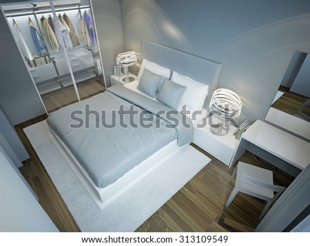 Light blue bedroom with wardrobe. Dressed bed with blue and white pillows on snowy white carpet in contemporary bedroom. 3D render