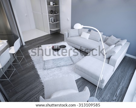Idea of minimalist living room studio. Room with light-blue walls, white furniture and darkwood flooring. 3D render