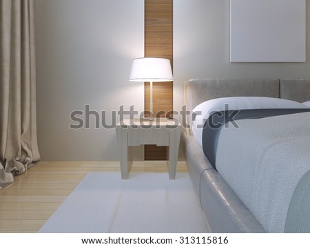 Bedroom minimalist style. Spacious room with double bed of lether, white walls with niche and white carpet on light wood parquet flooring. Light Bedside table with lamp. 3D render