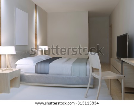 Hotel room minimalist style. Spacious room with dressed lether double bed, cozy table with chair near to window and white nylon carpet. 3D render