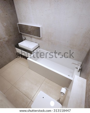 Bathroom constructionism trend. Top view of minimalist bathroom with decorative concrete textured plaster, white gloss furniture and marble tile flooring. 3D render