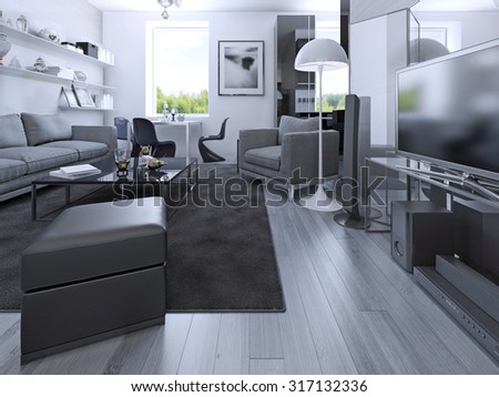 Living room studio in private house. Grey colored room with laminate flooring, media system, sitting place, dining and luxury kitchen black color. 3D render