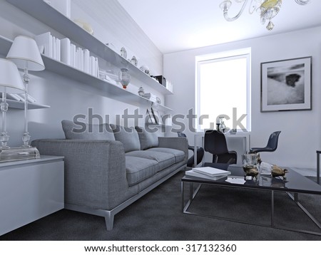 Living room in private house in modern style. Thick pile carpet, coffe table with glass countertop, white walls. 3D render