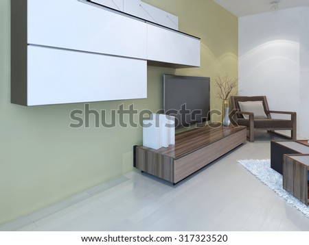 Idea of fusion living room. Wall panel system, light laminale flooring and two colored walls, light tan and white. 3D render Stock fotó © 