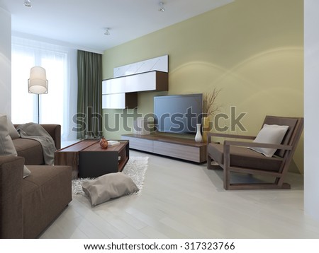 Wall system in modern living room. Idea of coffee-table in interior. 3D render