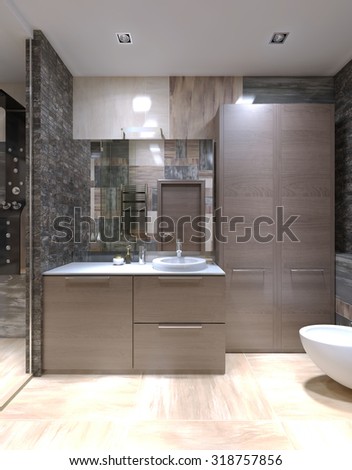 Light brown furniture in strange bathroom. High ceiling with halogen lamps, mixed tile on walls and separated shower with glass door. 3D render