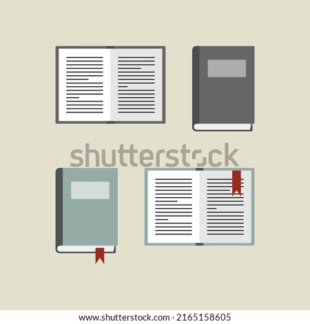 Book set vector illustration. Open and closed books with bookmarks.