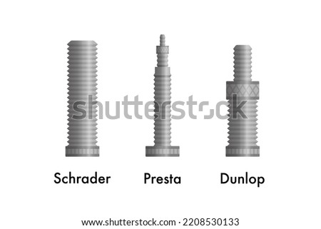 Bike tire valve types. Schrader, Presta and Dunlop.