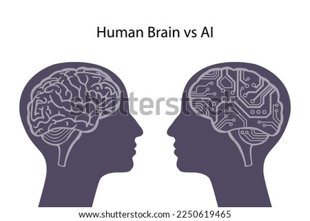 Human brain vs artificial intelligence. Two human heads.