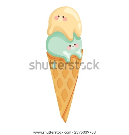 Cute Ice cream balls in wafer cones with smiling faces. Ice cream two scoops cartoon characters. Vector illustration. 