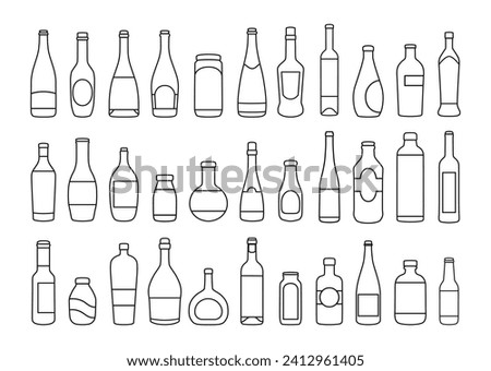 Various glass bottle types line icon set. Concept of alcoholic beverages and other drinks bottles. Outline icon collection. Vector line art isolated on a white background. 