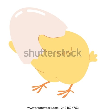 Cute cartoon little chicken hatched from an egg. Yellow Easter chick funny nestling character. Vector illustration isolated on a white background for Easter cards, banners, and stickers.