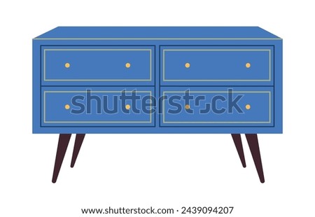 Chest of drawers. Blue wooden modern commode or dresser for home interior. Trendy storage furniture in scandinavian style for living room. Flat vector illustration isolated on a white background.