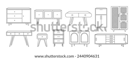 Chest of drawers, bedside tables outline icon set. Linear illustration of TV stand, dresser, and other storage furniture for design interior. Line art vector illustration isolated on white background.