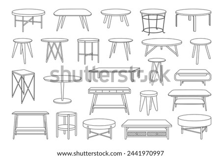 Coffee tables outline icon set. Line art tables for living room decor. Trendy linear sketches of round and rectangular tables. Outline monochrome vector illustration isolated on white background.