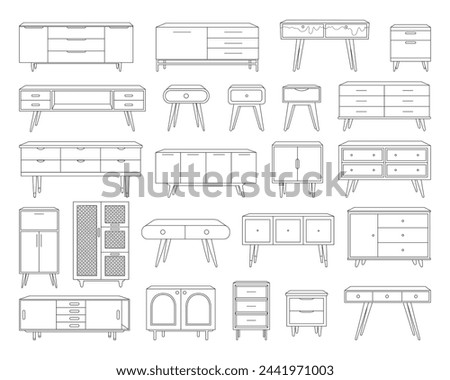 Chest of drawers, bedside tables outline icon set. Linear illustration of TV stand, dresser, and other storage furniture for design interior. Line art vector illustration isolated on white background.