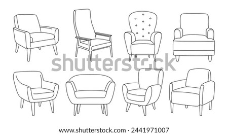 Armchair outline icon set. Linear chairs collection. Trendy Line art illustration of soft furniture. Scandinavian armchairs sketches. Vector illustration isolated on white background.